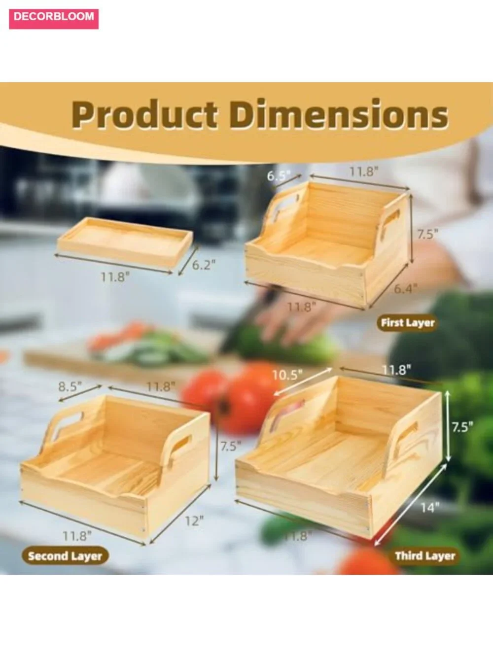 Wood Potato Onion Storage Bin 3 Tier Stackable Open Front Kitchen Organizer